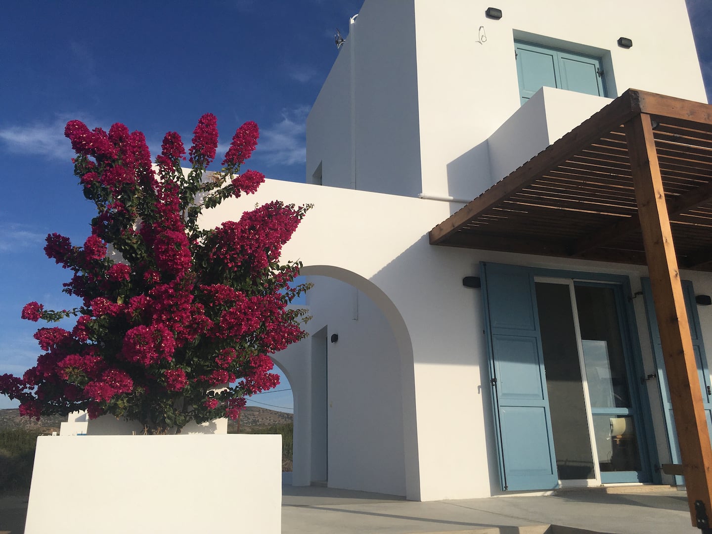 Bougainvillea in bloom beside the white façade of Villa Ilios